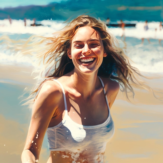 Eine Frau läuft am Strand und lacht.