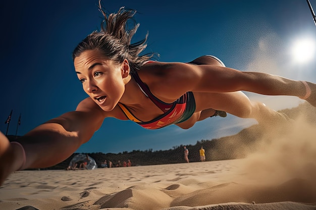 Eine Frau läuft auf dem Sand am Strand Generative Ai