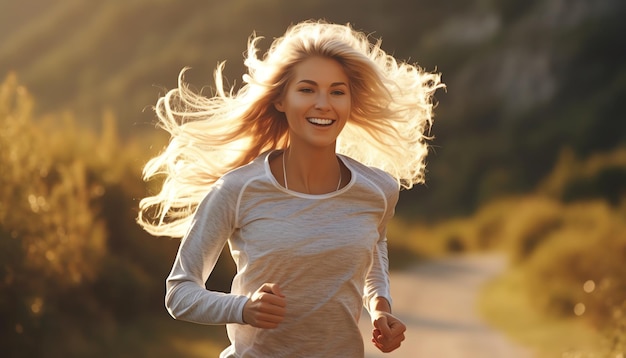 Eine Frau läuft auf einem Wanderweg mit dem Wort „Run“ auf ihrem T-Shirt