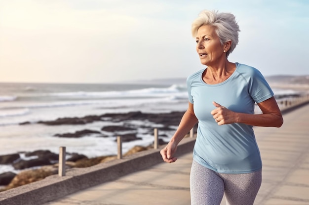 Eine Frau läuft auf einer Promenade mit dem Meer im Hintergrund.