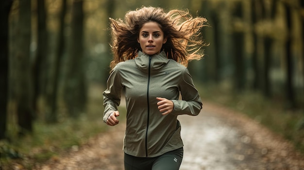 Eine Frau läuft durch den Wald und ist in einen Trainingsanzug gekleidet.
