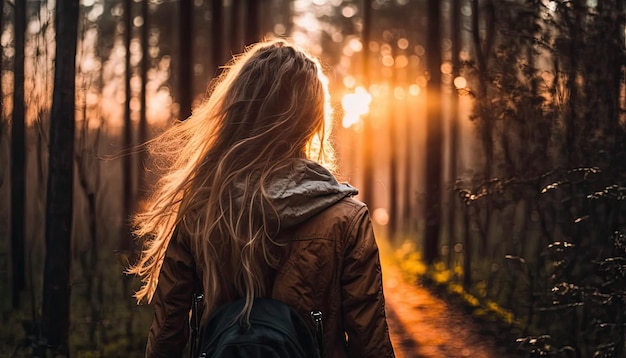 Eine Frau läuft durch einen Wald, die Sonne scheint ihr auf den Rücken.