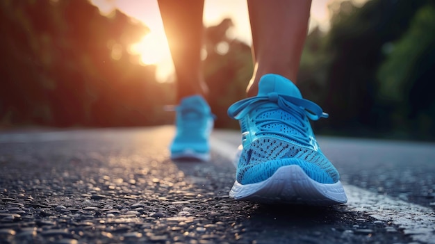 eine Frau läuft eine Straße hinunter mit einem Paar blauen Laufschuhe