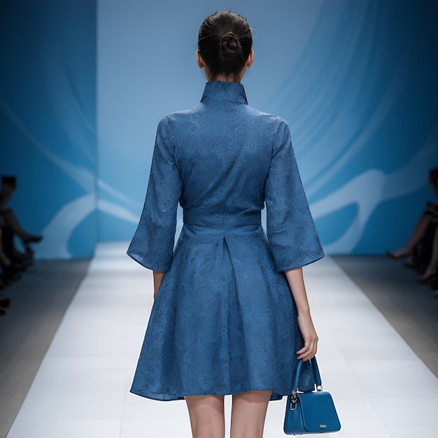 Foto eine frau läuft einen laufbahn entlang, die ein blaues kleid mit einer blauen handtasche trägt