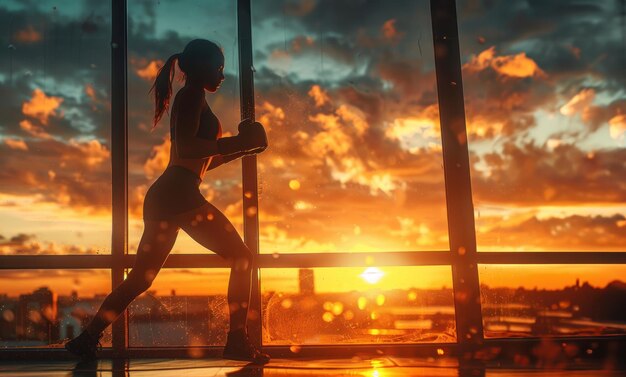 Foto eine frau läuft vor einem sonnenuntergang der himmel ist orange und die sonne geht unter die frau trägt