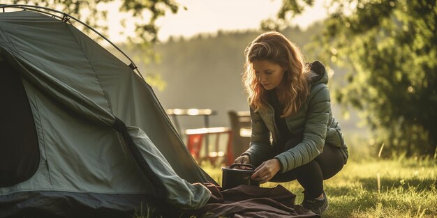 Foto eine frau legt ihr zelt im camping auf