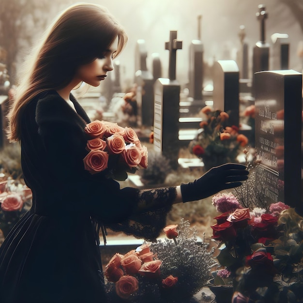 Eine Frau legt morgens Blumen auf das Grab auf dem Friedhof