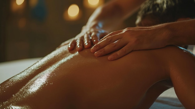 eine Frau liegt auf einem Massagetafel, während ein Massagetherapeut in einem Spa mit professionellen Techniken eine Rückenmassage durchführt
