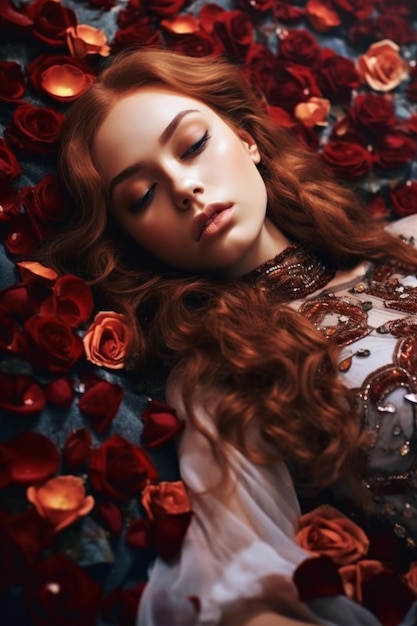 Eine Frau liegt in einem Bett aus Rosen