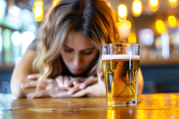 Foto eine frau liegt mit einem glas bier auf einem tisch