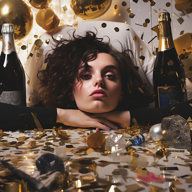 Eine Frau liegt mit einer Flasche Champagner und einer Flasche Champagner im Bett.