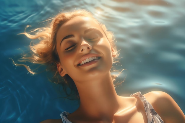 Eine Frau liegt mit geschlossenen Augen und geschlossenen Augen in einem Pool