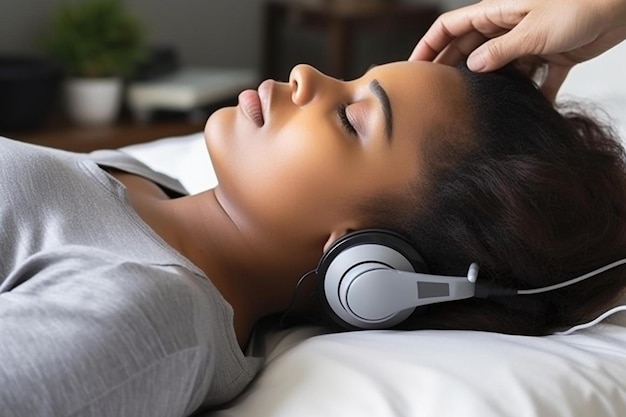 Eine Frau liegt mit Kopfhörern auf einem Bett