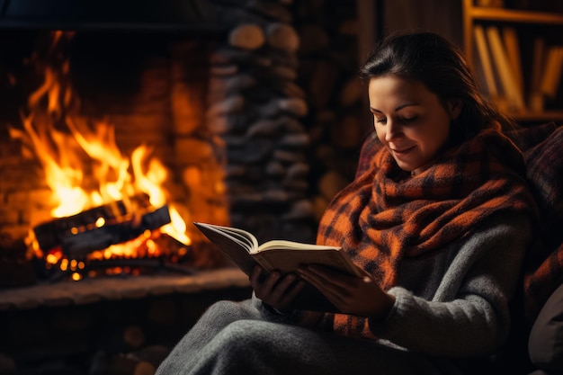 Eine Frau liest ein Buch an einem gemütlichen Ort