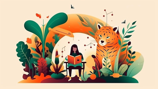 eine Frau liest ein Buch im Dschungel mit einem Tiger auf dem Cover.