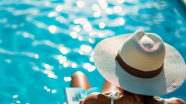 eine Frau liest ein Buch im Wasser mit einem Hut drauf