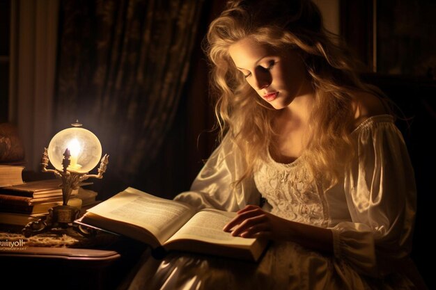 Foto eine frau liest ein buch in einem dunklen raum