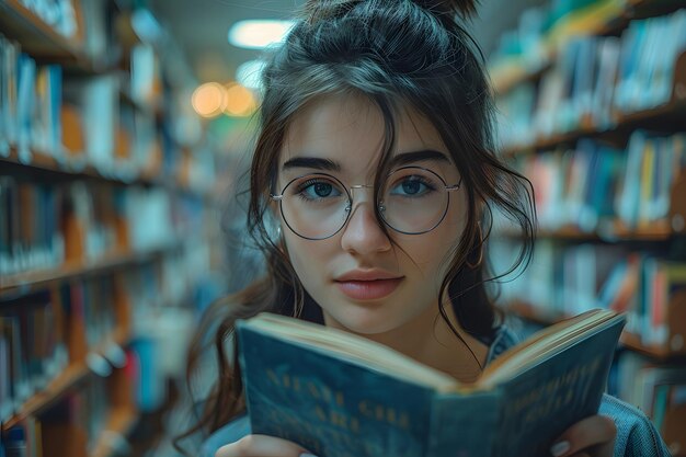 Eine Frau liest ein Buch in einer Bibliothek