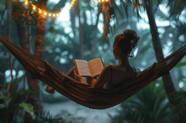 Foto eine frau liest ein buch in einer hängematte