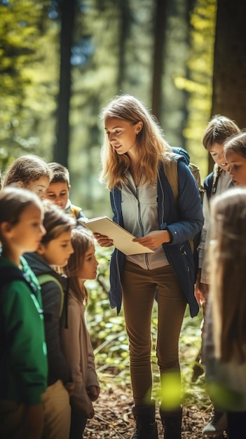 Foto eine frau liest im wald ein buch