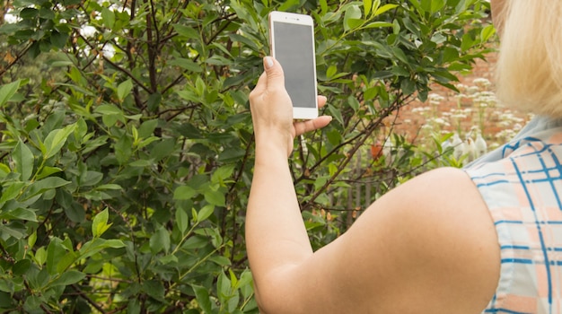 Eine Frau macht ein Foto mit einem Handy und fotografiert Pflanzen und Bäume in einem Garten im Freien