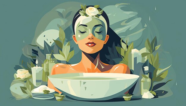 eine Frau macht eine Spa-Behandlung und entspannt sich im Stil von grafisch inspirierten Illustrationen