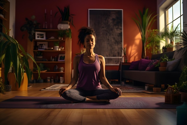 Eine Frau macht Yoga auf einer Matte in ihrem Wohnzimmer