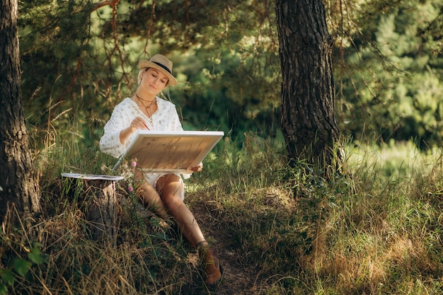 Eine Frau malt, während sie in der Natur sitzt