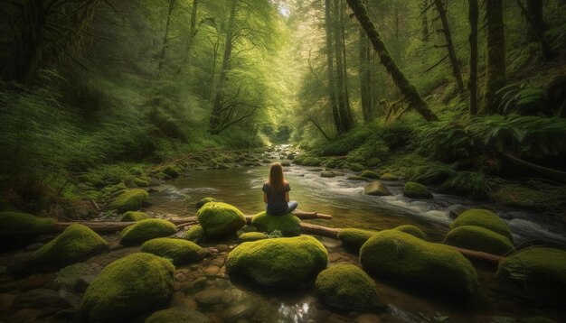 Eine Frau meditiert auf einem Felsen, umgeben von der von KI erzeugten Naturschönheit