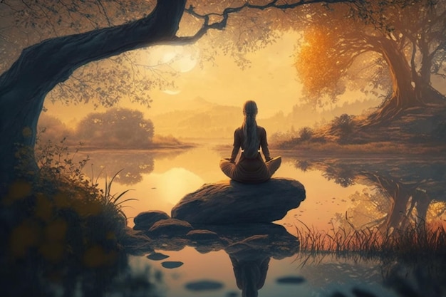 Eine Frau meditiert auf einem Felsen vor einem See.