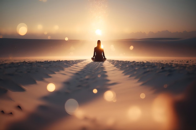 Eine Frau meditiert bei Sonnenuntergang an einem wunderschönen weißen Sandstrand, generatives ai