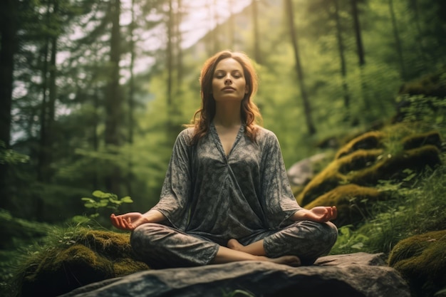 Eine Frau meditiert in einem Wald mit Moosbäumen im Hintergrund
