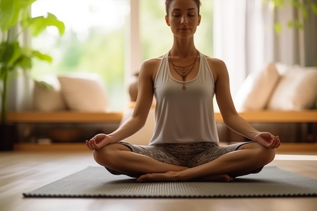 Eine Frau meditiert in einem Yoga-Studio