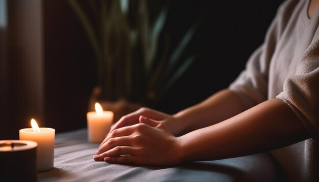 Foto eine frau meditiert mit einer kerze und genießt die ruhige, leuchtende entspannung, die durch ki erzeugt wird