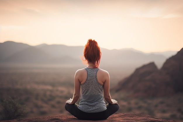 Eine Frau meditiert vor einer Bergkette