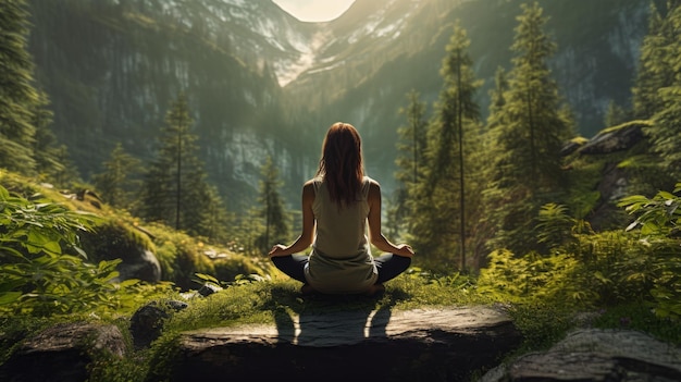 Eine Frau meditiert vor einer Berglandschaft mit der Sonne