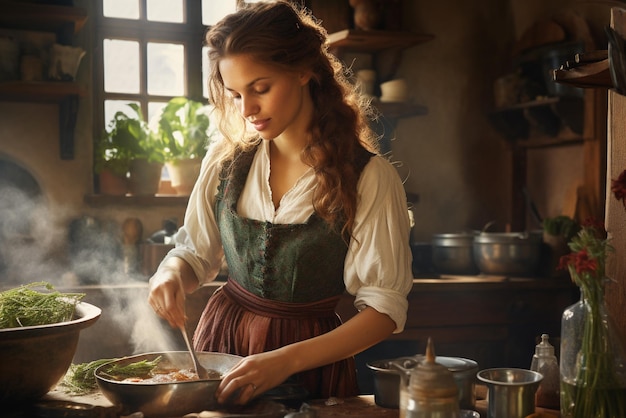 Eine Frau mischt in einer Küche mit gekochtem Essen