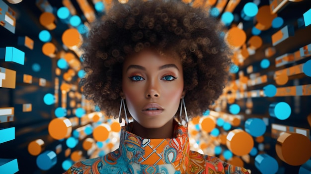 Eine Frau mit Afro vor einem leuchtend blauen und orangefarbenen Hintergrund