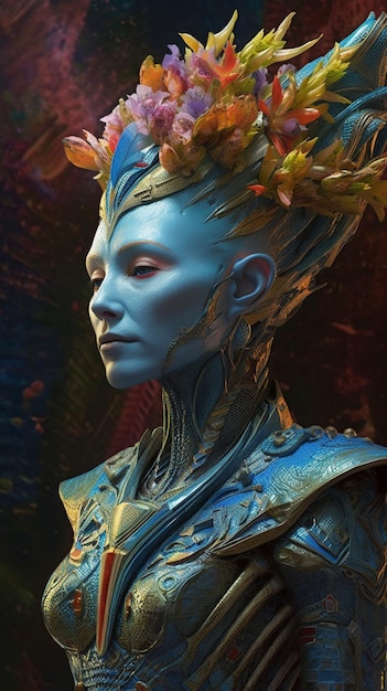 Eine Frau mit blauem Gesicht und einer Krone auf dem Kopf