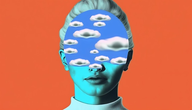 Eine Frau mit blauem Gesicht und Wolken am Himmel