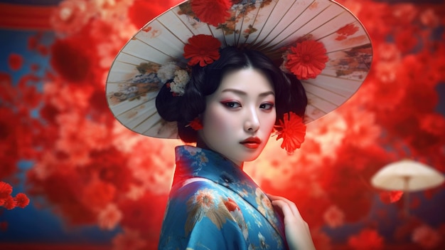Eine Frau mit blauem Hut steht auf einem roten Hintergrund. Geisha-Porträt