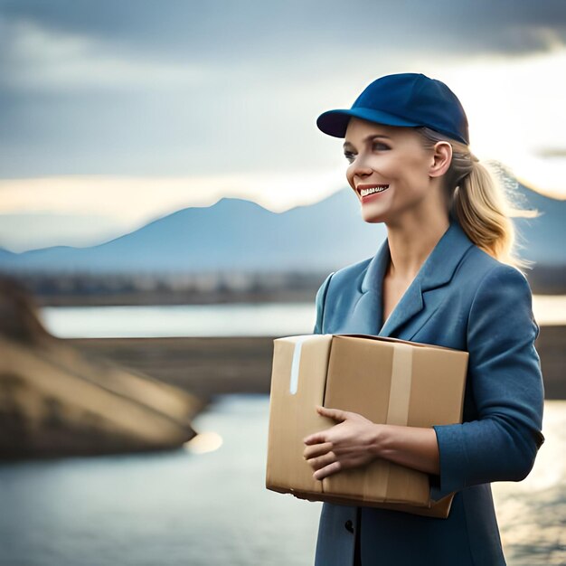 Eine Frau mit blauem Hut und blauer Jacke hält ein Paket in der Hand.