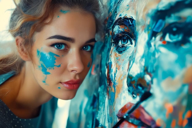 Eine Frau mit blauen Augen steht vor einem Bild, das ihr eigenes Porträt zu sein scheint