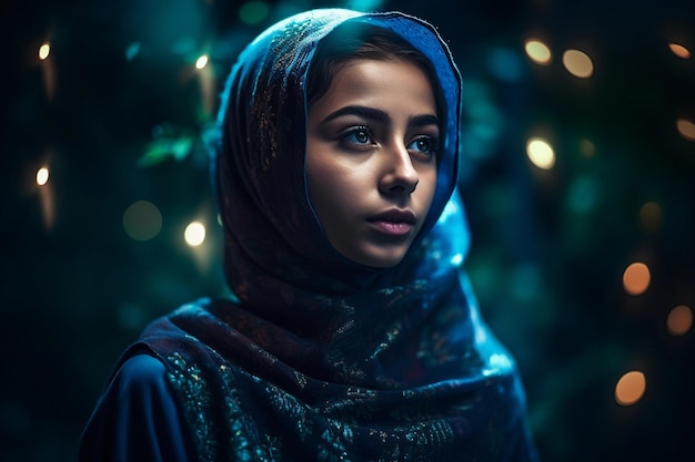 Eine Frau mit blauen Augen steht vor einem dunklen Hintergrund mit Lichtern im Hintergrund.