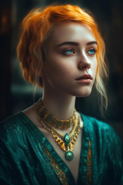 Eine Frau mit blauen Augen und einem grünen Kleid