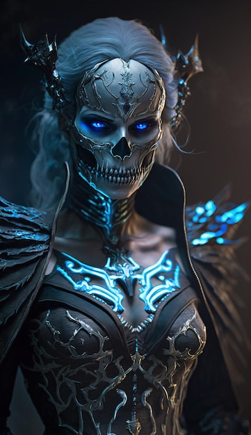 Eine Frau mit blauen Augen und einem leuchtenden Totenkopf im Gesicht