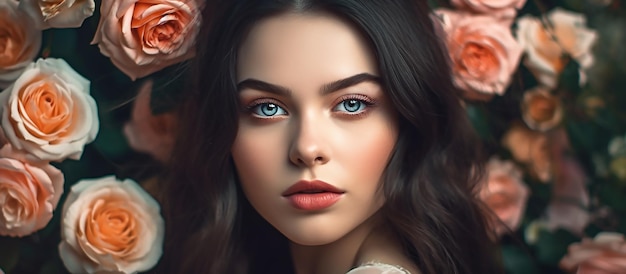 Eine Frau mit blauen Augen und einem rosa Blumenhintergrund