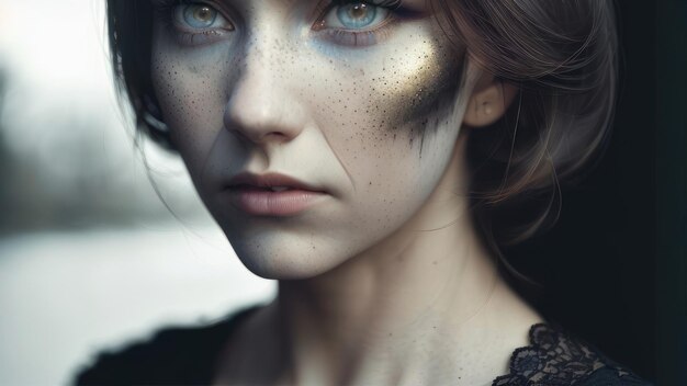 Eine Frau mit blauen Augen und einem schwarzen Kleid mit Sommersprossen