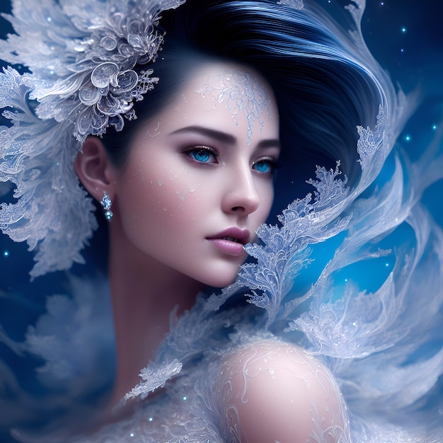 Eine Frau mit blauen Augen und einem weißen Kleid mit Schneeflocken im Haar