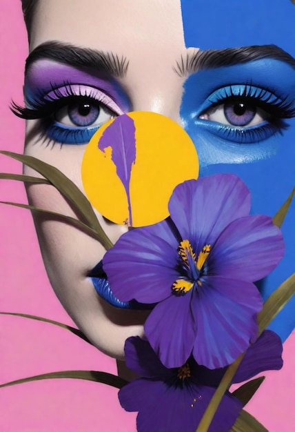 eine Frau mit blauen Augen und einer Blume im Mund